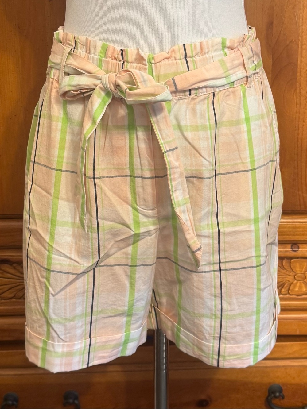 crown & ivy Peach Plaid Shorts with Lime and Navy Accents